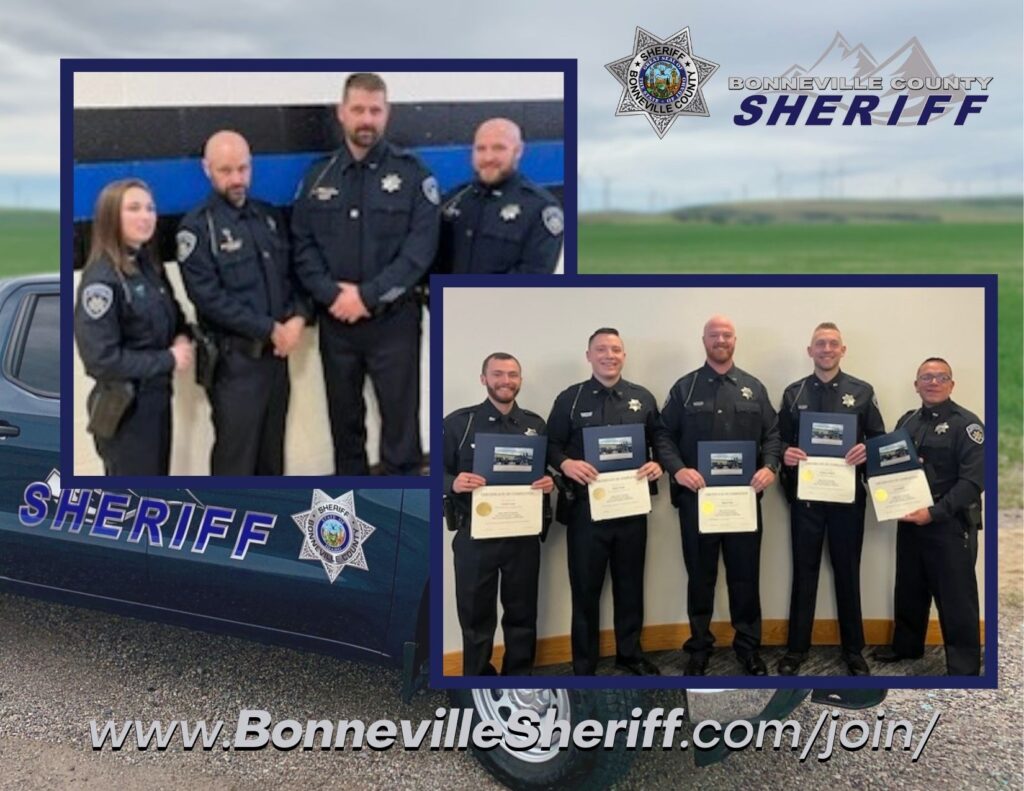 A collage showing Bonneville County Sheriff’s deputies posing in uniform, some holding certificates, with a sheriff’s vehicle and badge in the background. Text reads “www.BonnevilleSheriff.com/join/”.