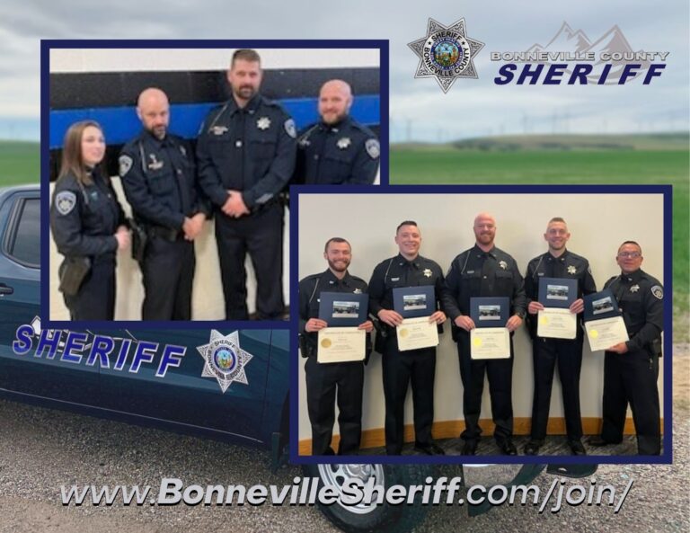 A collage showing Bonneville County Sheriff’s deputies posing in uniform, some holding certificates, with a sheriff’s vehicle and badge in the background. Text reads “www.BonnevilleSheriff.com/join/”.