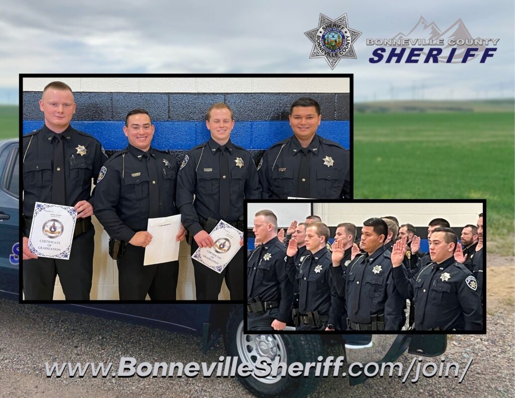 Four uniformed sheriff's deputies hold certificates and smile for a photo; inset shows a group of deputies raising their right hands, possibly during a swearing-in ceremony. Bonneville County Sheriff logo and website are displayed.