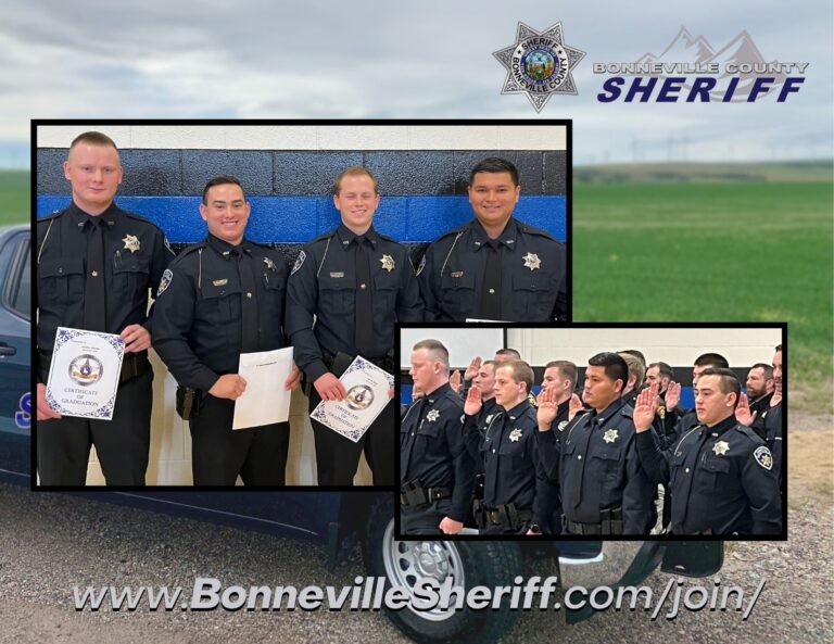 Four uniformed sheriff's deputies hold certificates and smile for a photo; inset shows a group of deputies raising their right hands, possibly during a swearing-in ceremony. Bonneville County Sheriff logo and website are displayed.