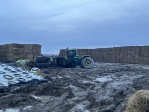 A green tractor is stuck in deep mud between large stacks of hay bales, under a cloudy sky. Tires and plastic-wrapped silage are visible on the muddy ground nearby.
