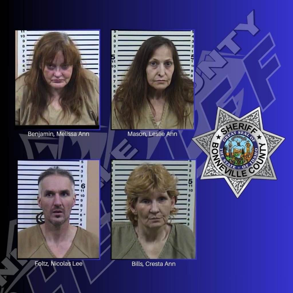 Four mugshots of individuals in brown prison uniforms are shown against a blue background with a Bonneville County Sheriff badge and text. Names listed are: Benjamin, Melissa Ann; Mason, Leslie Ann; Foltz, Nicolas Lee; Bills, Cresta Ann.
