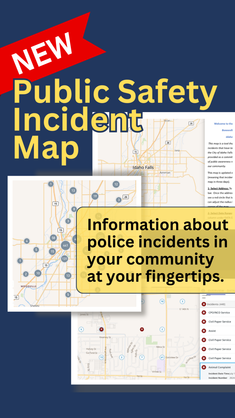 A promotional graphic with a red "NEW" banner and the text "Public Safety Incident Map." The image shows maps with incident icons and a yellow box stating, "Information about police incidents in your community at your fingertips.