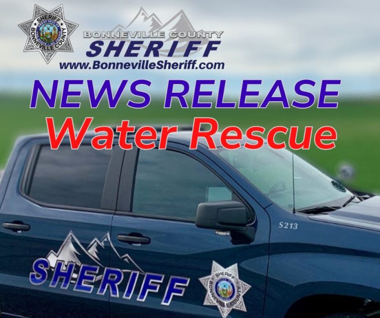 A Bonneville County Sheriff vehicle is parked in front of a grassy field with text overlay reading "NEWS RELEASE Water Rescue" and the Bonneville Sheriff's logo and website.