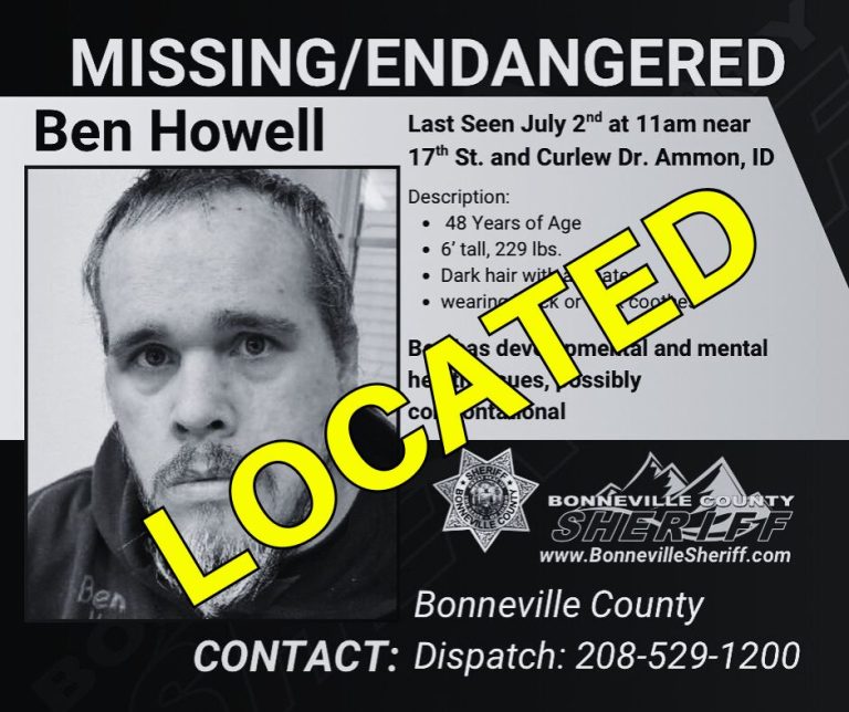 A missing person poster for Ben Howell with his black-and-white photo. “LOCATED” is stamped in yellow across the image. The poster lists age, height, and contact info for the Bonneville County Sheriff.