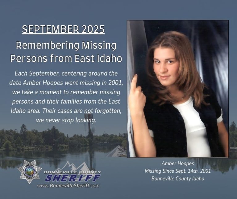 A poster for “Remembering Missing Persons from East Idaho” features a photo of Amber Hoopes, missing since 2001, with text about honoring the missing. Logo and contact details for Bonneville County Sheriff are included.