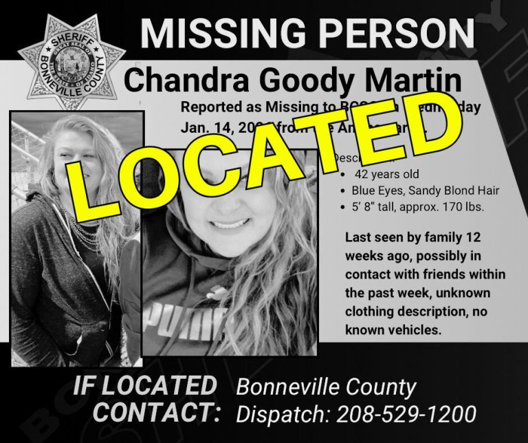 A missing person poster for Chandra Goody Martin with her photos, physical description, and contact info. The word "LOCATED" is stamped across the poster, indicating she has been found.