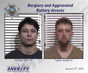 Two mugshots side by side show two men against height chart backgrounds. The left photo is labeled "Grimes, Brian A." and the right "Taylor, Kaden R." Text states "Burglary and Aggravated Battery Arrests." Dated January 15th, 2026.
