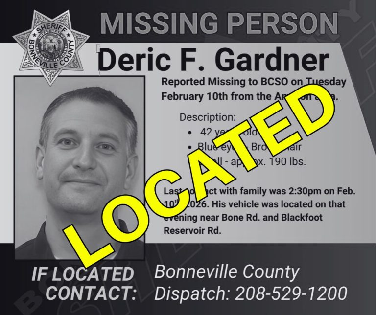 Missing person poster for Deric F. Gardner from Bonneville County, now marked as "LOCATED" in large yellow text. Includes his photo, details, and contact info for the county dispatch.