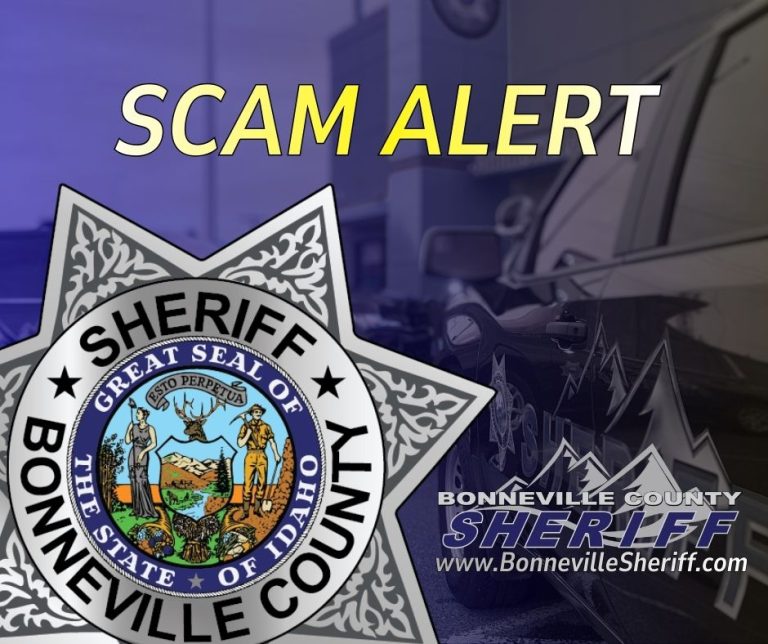 A warning graphic with large yellow text reading “SCAM ALERT” above a Bonneville County Sheriff badge, a police car, and the website www.BonnevilleSheriff.com in the background.