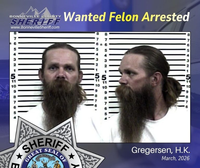 A mugshot of a man with a long brown beard and long hair in a ponytail, shown from the front and side. The image is labeled “Wanted Felon Arrested” by Bonneville County Sheriff. Text at bottom reads: "Gregersen, H.K., March, 2026.