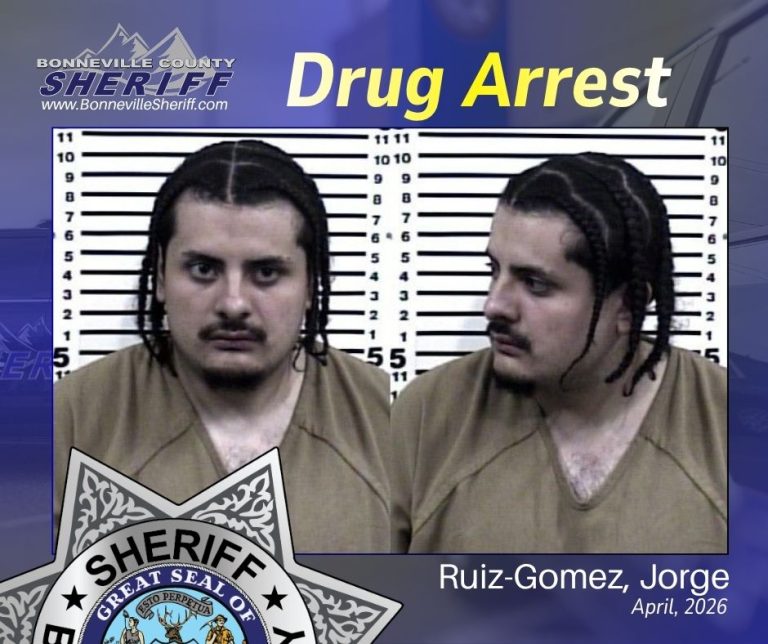Mugshot of a man with braided hair in a tan jail uniform, shown from front and side, with "Drug Arrest" and "Ruiz-Gomez, Jorge April, 2026" text, and Bonneville County Sheriff’s badge and logo overlay.