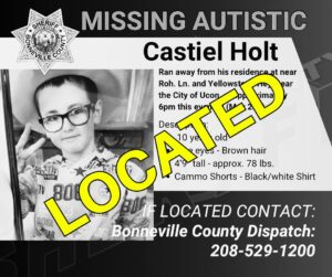 Missing person flyer for Castiel Holt, a 10-year-old autistic boy with brown hair, wearing camo shorts, black/white shirt, and glasses. A large yellow "LOCATED" is across the image. Contact info is at the bottom.