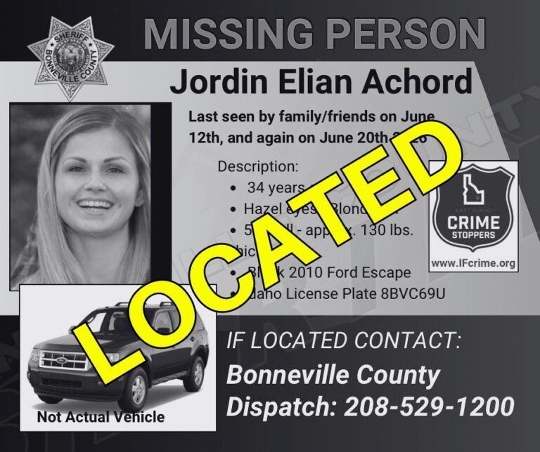A missing person poster for Jordin Elian Achord shows her photo and details. A yellow "LOCATED" stamp is over the image. Contact info and a picture of a black SUV labeled "Not Actual Vehicle" appear on the poster.