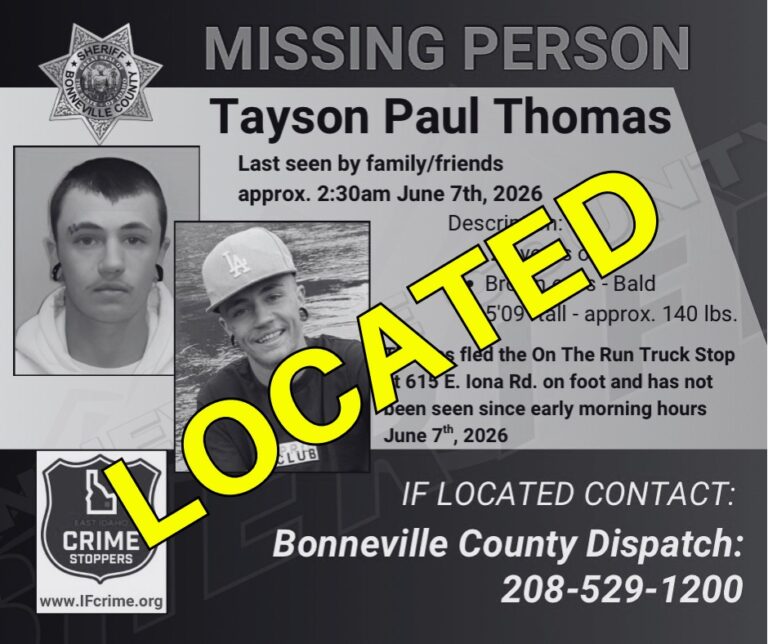 Missing person poster for Tayson Paul Thomas with two photos of him, detailed description, and contact information. A large yellow "LOCATED" is stamped across the image.