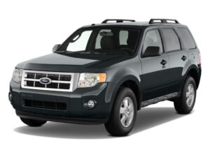 A black Ford Escape SUV is shown from a front-side angle on a white background, highlighting its four doors, roof rails, and alloy wheels.