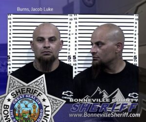 Mugshot of a bald man with a goatee, shown front and side view, wearing a black shirt with a white logo. Bonneville County Sheriff badge and website are visible on the image.