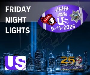 Football-shaped graphic with “Friday Night Lights,” logos, police badge, “PASS THE PURPLE,” “US 9-11-2026,” and city skyline. Also includes US United and Bonneville County Sheriff logos with “250” and website.